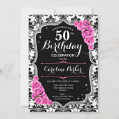 Invitation Damask Black Silver Pink Photo 50e anniversaire (Devant)