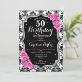 Invitation Damask Black Silver Pink Photo 50e anniversaire (Debout devant)