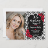 Invitation Damask Black Silver Red Roses Photo 50e anniversai (Devant)