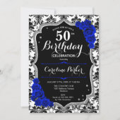 Invitation Damask Black Silver Royal Blue Photo 50e anniversa (Devant)