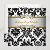 Invitation Damask Black White Gold Crème Argent Élégante Part (Devant / Derrière)