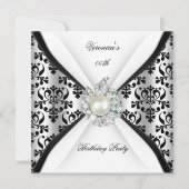 Invitation Damask Black White Pearl Diamond fête d'anniversai (Devant)