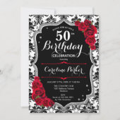 Invitation Damask Black White Silver Red Photo 50th Birthday (Devant)