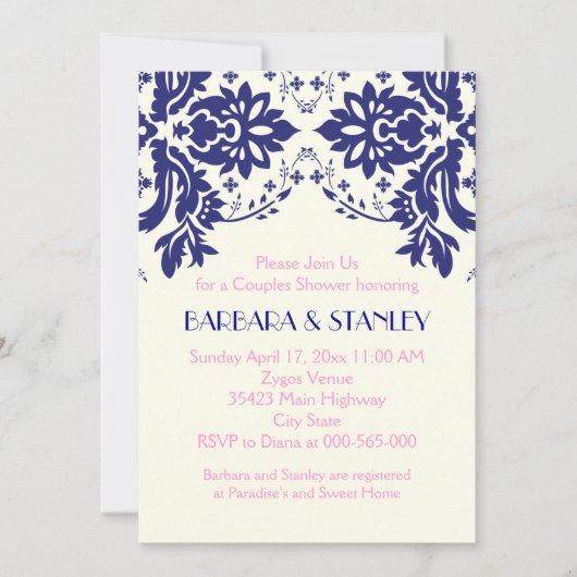 Invitation Damask bleu marine, mariage rose couples douche (Devant)