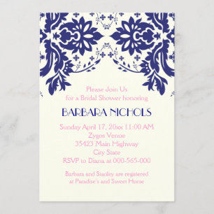 Invitation Damask bleu marine, mariage rose douche nuptiale