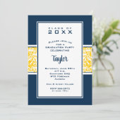 Invitation Damask Blue Yellow Graduation Party (Debout devant)