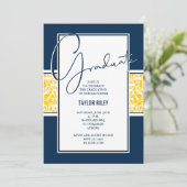Invitation Damask Blue Yellow Graduation Party (Debout devant)