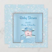 Invitation Damask Boy Baby shower Bleu Blanc Floral (Devant / Derrière)