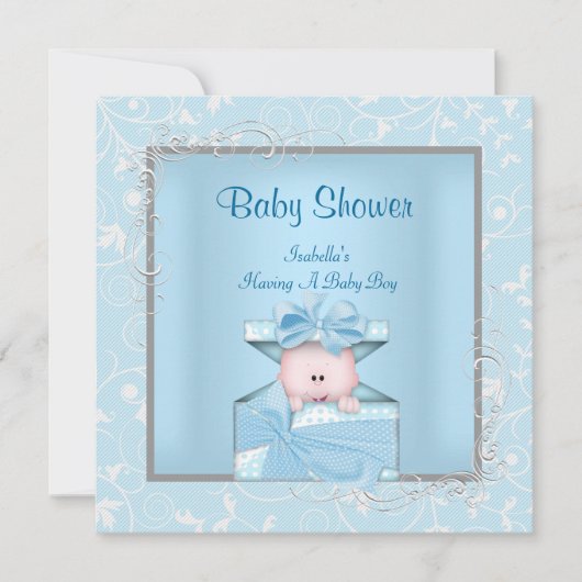Invitation Damask Boy Baby shower Bleu Blanc Floral (Devant)