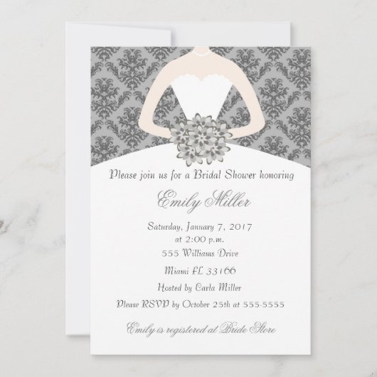 Invitation Damask Bride Grey nuptiale de douche (Devant)