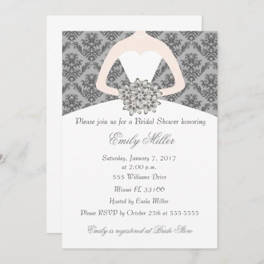 Invitation Damask Bride Grey nuptiale de douche (Devant / Derrière)