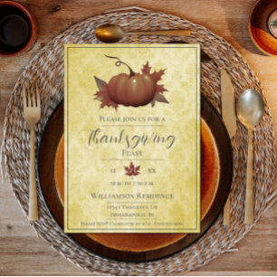 Invitation Damask, Citrouille de Thanksgiving Dîner jaune