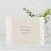 Invitation Damask Cream Cross Christening / Baptême (Debout devant)