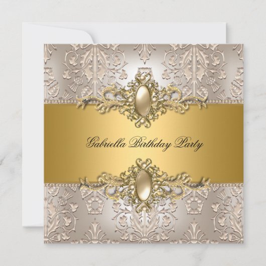 Invitation Damask Cream Gold Birthday Party Pearl (Devant)