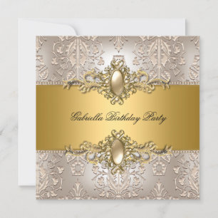 Invitation Damask Cream Gold Birthday Party Pearl