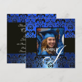 Invitation DAMASK DE FINISSANCE MONOGRAMME, bleu blanc noir (Devant / Derrière)