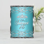 Invitation Damask & Diamond Tiara Blue Silver Sweet 16 Invita (Debout devant)