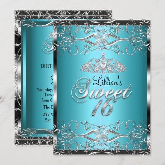 Invitation Damask & Diamond Tiara Blue Silver Sweet 16 Invita (Devant / Derrière)