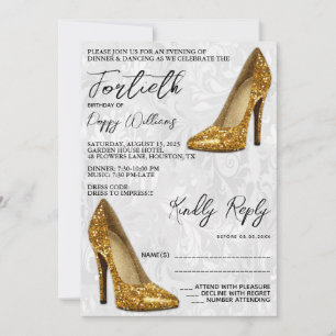 Invitation Damask élégant, Gold Stilettos 40e anniversaire