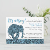 Invitation Damask Elephant Boy Baby shower (Debout devant)