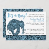 Invitation Damask Elephant Boy Baby shower (Devant / Derrière)
