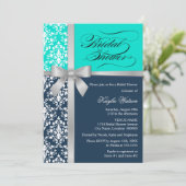 Invitation Damask Faux Silver Ribbon Marine Aqua Fête des mar (Debout devant)