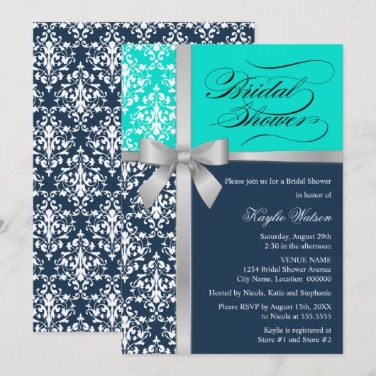 Invitation Damask Faux Silver Ribbon Marine Aqua Fête des mar (Devant / Derrière)