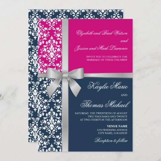 Invitation Damask Faux Silver Ribbon Navy Fuchsia Mariage (Devant / Derrière)