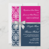 Invitation Damask Faux Silver Ribbon Navy Fuchsia Mariage (Devant)