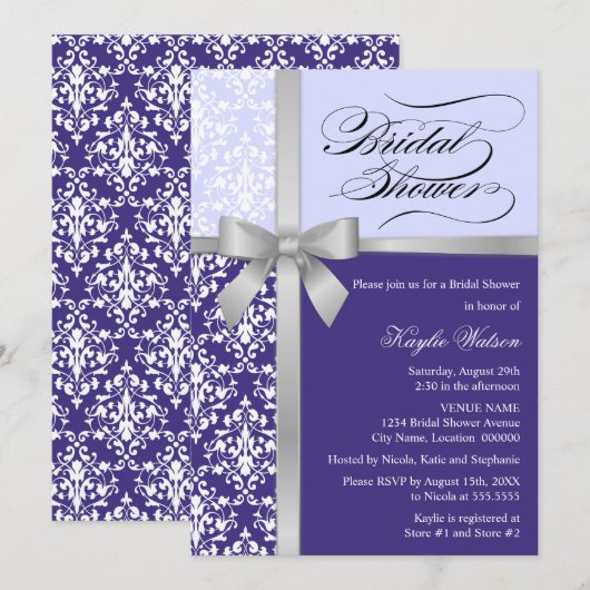Invitation Damask Faux Silver Ribbon Purple Fête des mariées (Devant / Derrière)