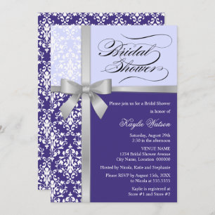 Invitation Damask Faux Silver Ribbon Purple Fête des mariées