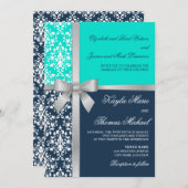 Invitation Damask Faux Silver Ruban Marine Aqua Mariage (Devant / Derrière)