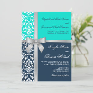 Invitation Damask Faux Silver Ruban Marine Aqua Mariage