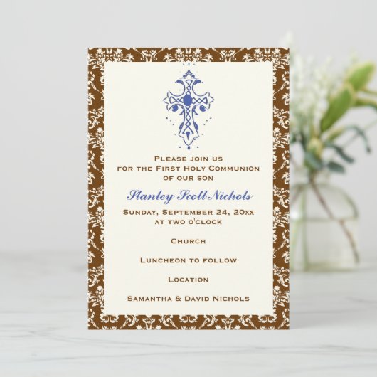 Invitation Damask First Holy Communion Baptism Confirmation (Debout devant)