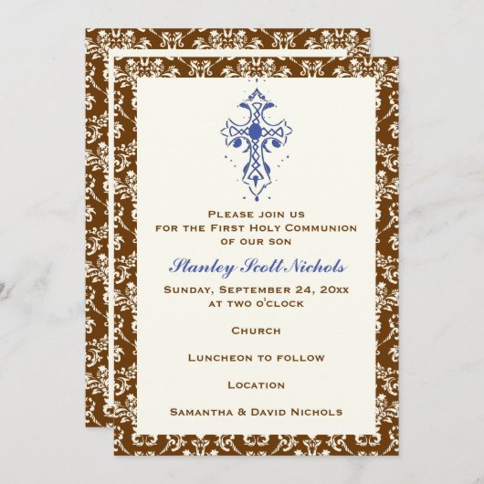 Invitation Damask First Holy Communion Baptism Confirmation (Devant / Derrière)
