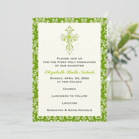 Invitation Damask First Holy Communion Baptism Confirmation (Debout devant)