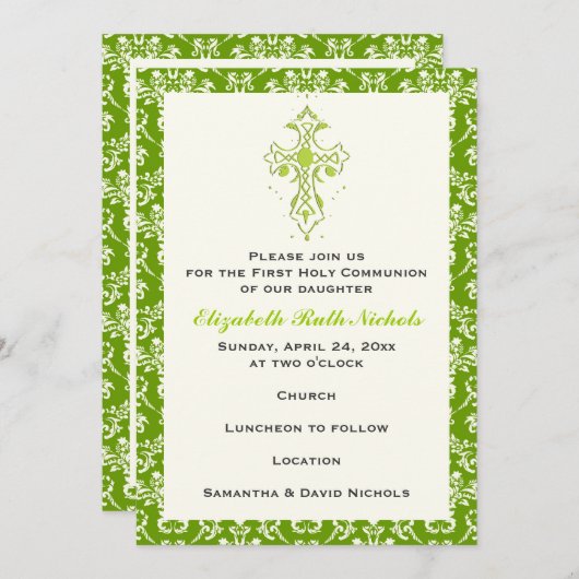 Invitation Damask First Holy Communion Baptism Confirmation (Devant / Derrière)