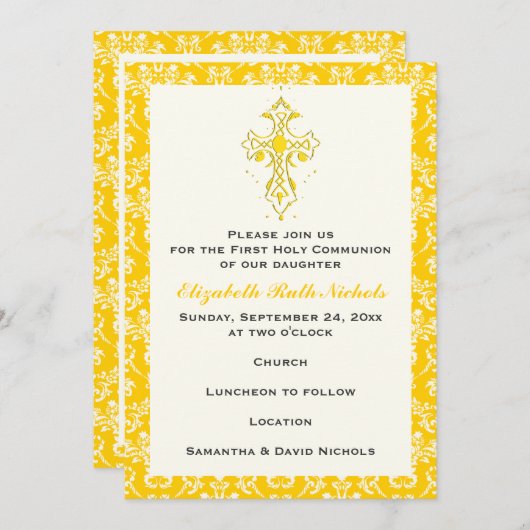 Invitation Damask First Holy Communion Baptism Confirmation (Devant / Derrière)