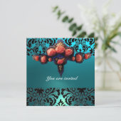INVITATION DAMASK GEM ET ROSES PINK MONOGRAMME (Debout devant)