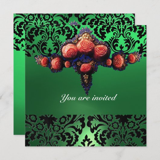 INVITATION DAMASK GEM ET ROSES PINK MONOGRAMME (Devant / Derrière)