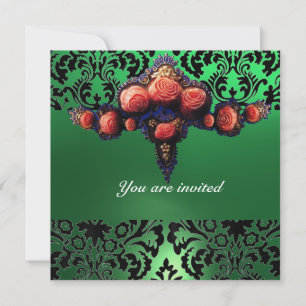 INVITATION DAMASK GEM ET ROSES PINK MONOGRAMME