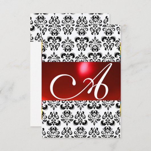 Invitation DAMASK GEM MONOGRAM rouge blanc rsvp (Devant / Derrière)
