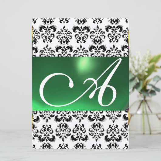 Invitation DAMASK GEM MONOGRAM vert blanc (Debout devant)