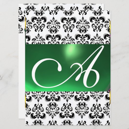 Invitation DAMASK GEM MONOGRAM vert blanc (Devant / Derrière)