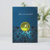 Invitation DAMASK GEM PIERRE MONOGRAMME bleu jaune rsvp (Debout devant)