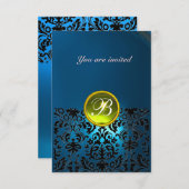 Invitation DAMASK GEM PIERRE MONOGRAMME bleu jaune rsvp (Devant / Derrière)