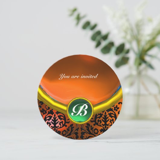 Invitation DAMASK GEM PIERRE MONOGRAMME orange vert (Debout devant)