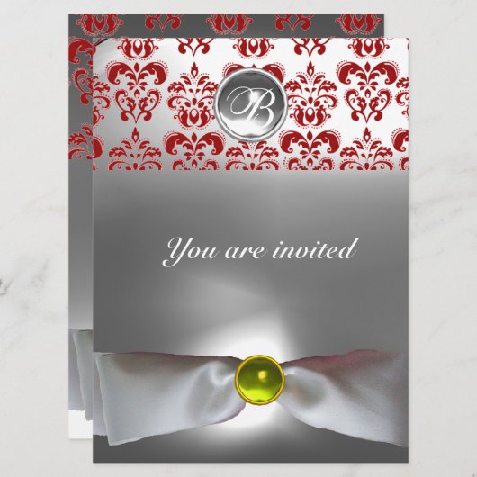 Invitation DAMASK GEM PIERRE MONOGRAMME ruban blanc gris roug (Devant / Derrière)
