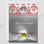 Invitation DAMASK GEM PIERRE MONOGRAMME ruban blanc gris roug (Devant)