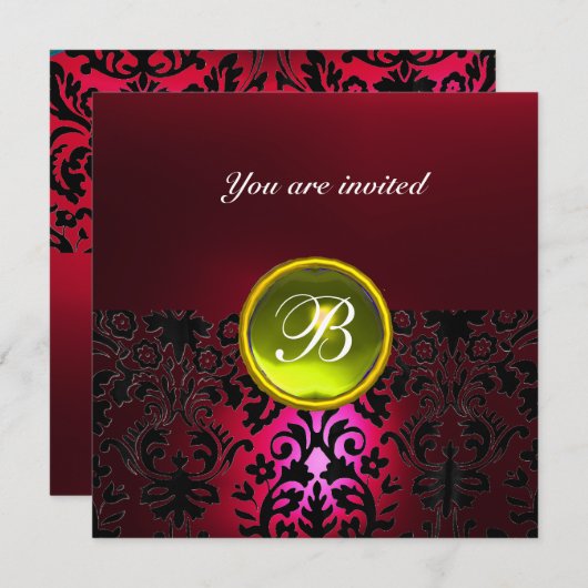 Invitation DAMASK GEM STONE MONOGRAM jaune rubis rouge bordea (Devant / Derrière)